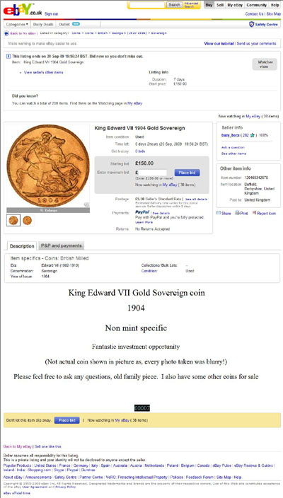 sooty123450 1909 Edward VII Gold Sovereign eBay Auction Listing
